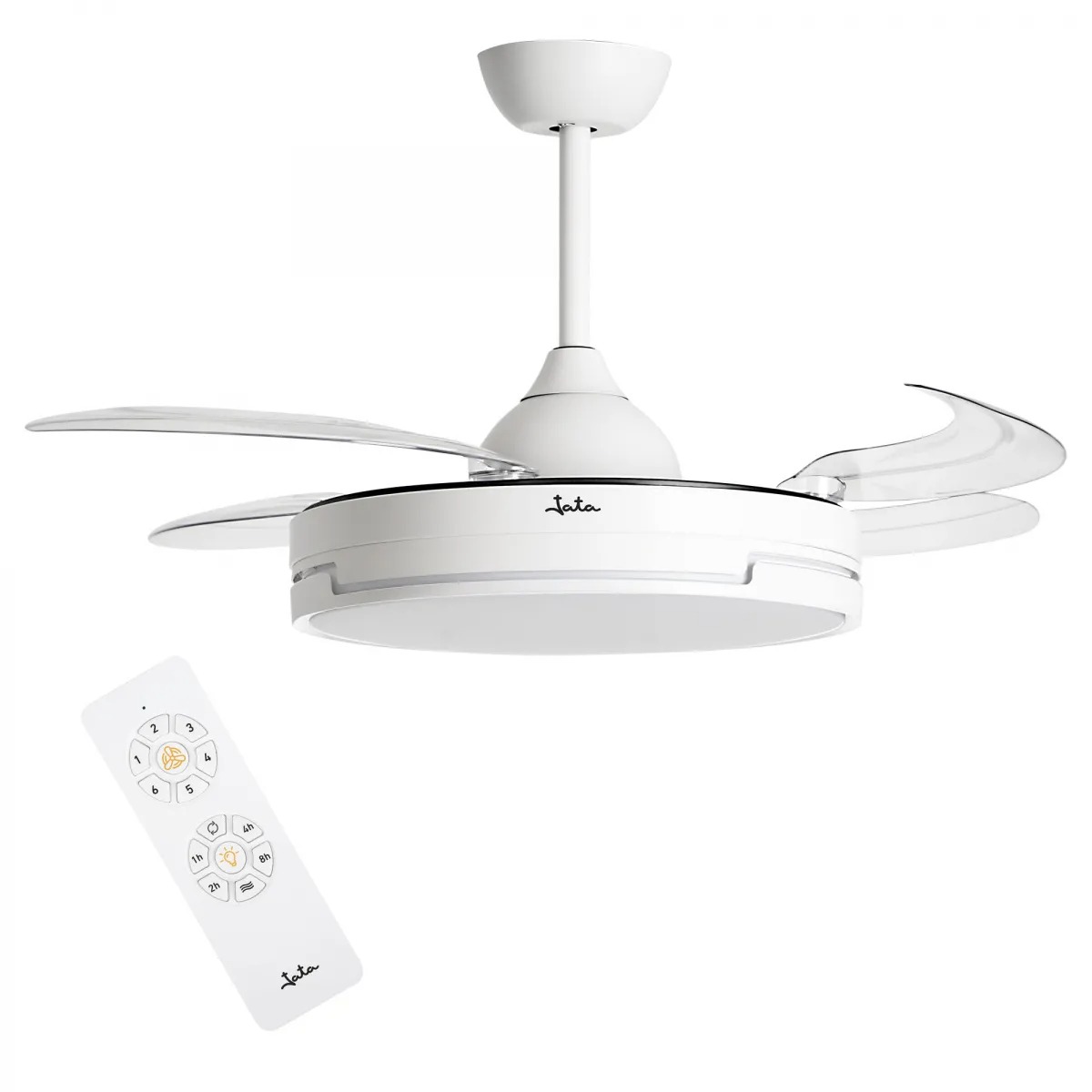 Ventilador de techo Jata JVTE4240, 4 aspas retráctiles, 104 cm, 42W, motor DC, instalación a 2 alturas, blanco